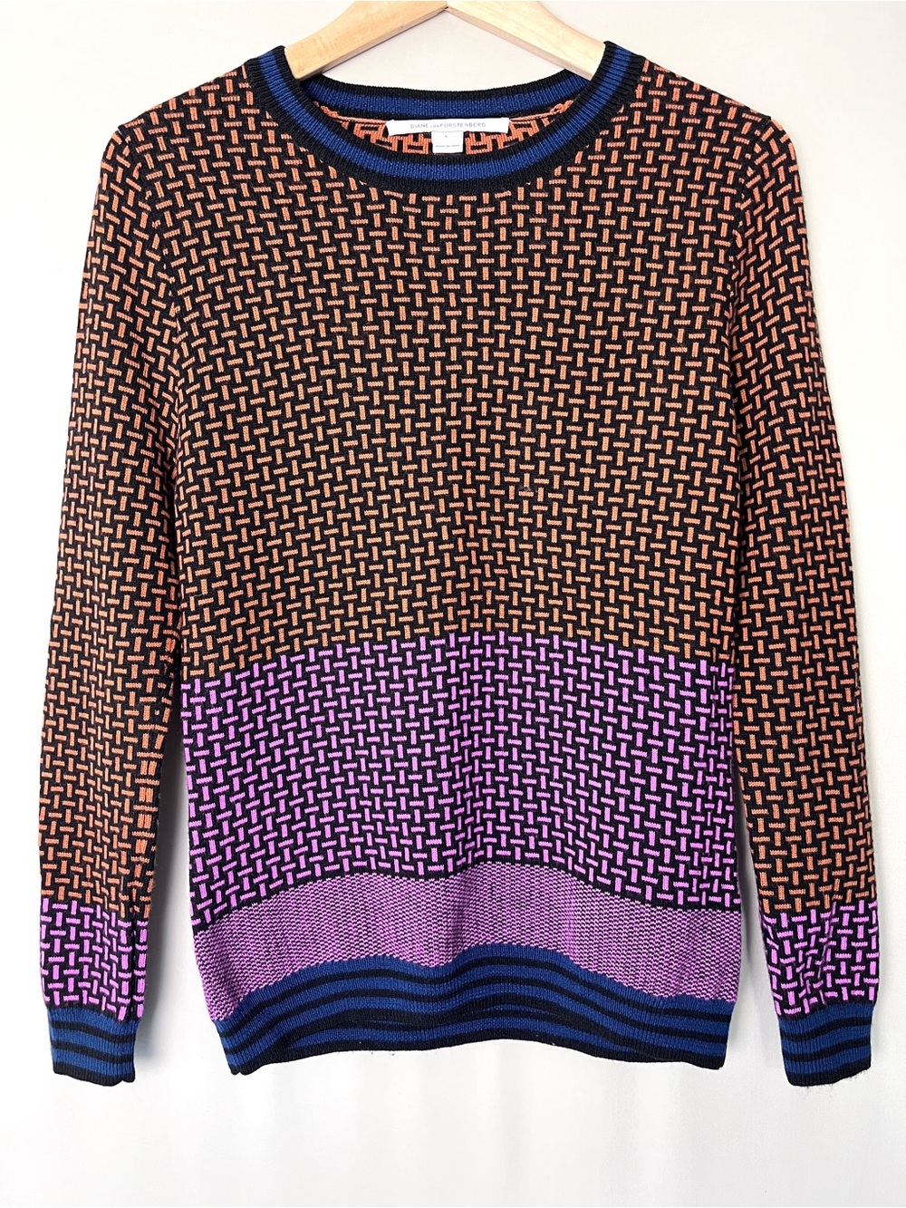 Diane von Furstenberg 100% Wool Geometric Colourblock Sweater Size L